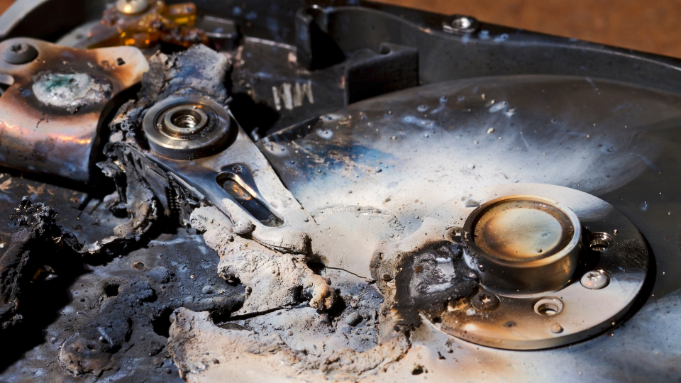 destroyed hard drive in close up view